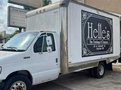 Helle's Fine Furnishings & Draperies delivery truck.